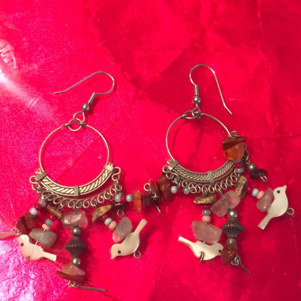 Bird beaded silver earrings